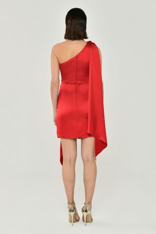 Tek Omuz Düğüm Detaylı Yırtmaçlı Saten Elbise Kırmızı - 36