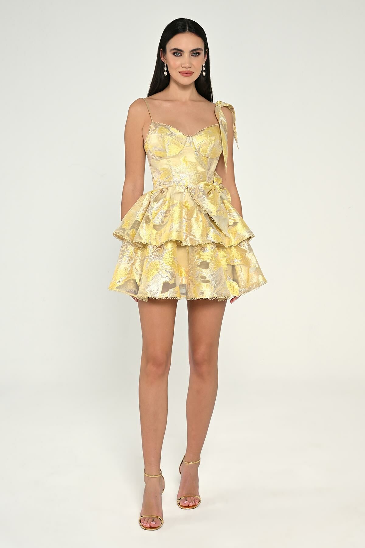 Askılı Fiyonklu Katlı Etek Jakar Kumaş Kısa Elbise SARI - 40