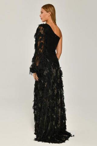 Tek Kol Beli Broşlu Yırtmaçlı Uzun Elbise Siyah - 40