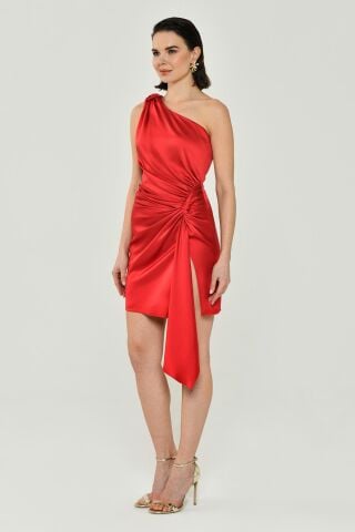 One-Shoulder-Knoten-Detail-Schlitz-Satinkleid Rot - 42