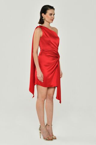One-Shoulder-Knoten-Detail-Schlitz-Satinkleid Rot - 42