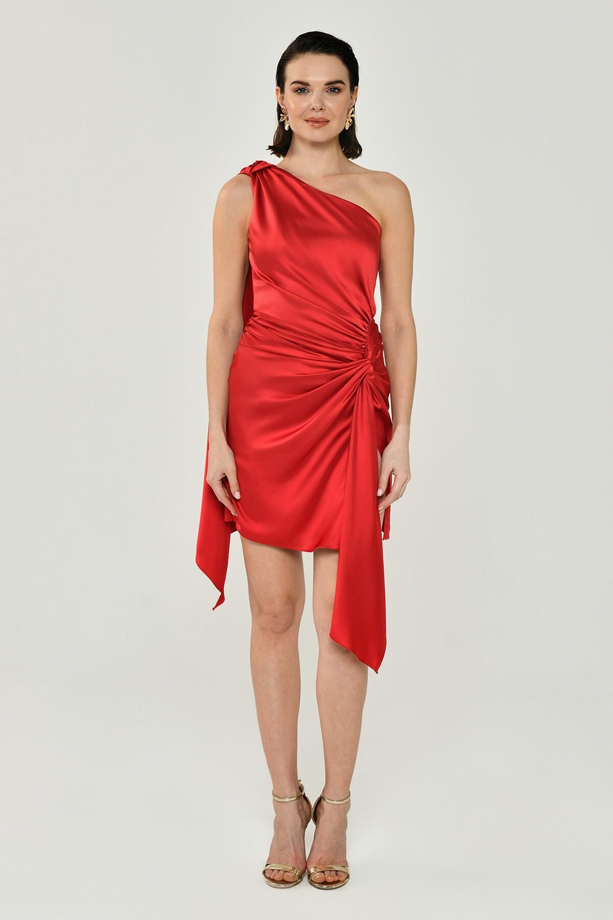 One-Shoulder-Knoten-Detail-Schlitz-Satinkleid Rot - 42