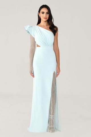 Langes Kleid mit Schlitz und transparenten Ärmeln, HELLBLAU - 46