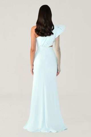 Langes Kleid mit Schlitz und transparenten Ärmeln, HELLBLAU - 46
