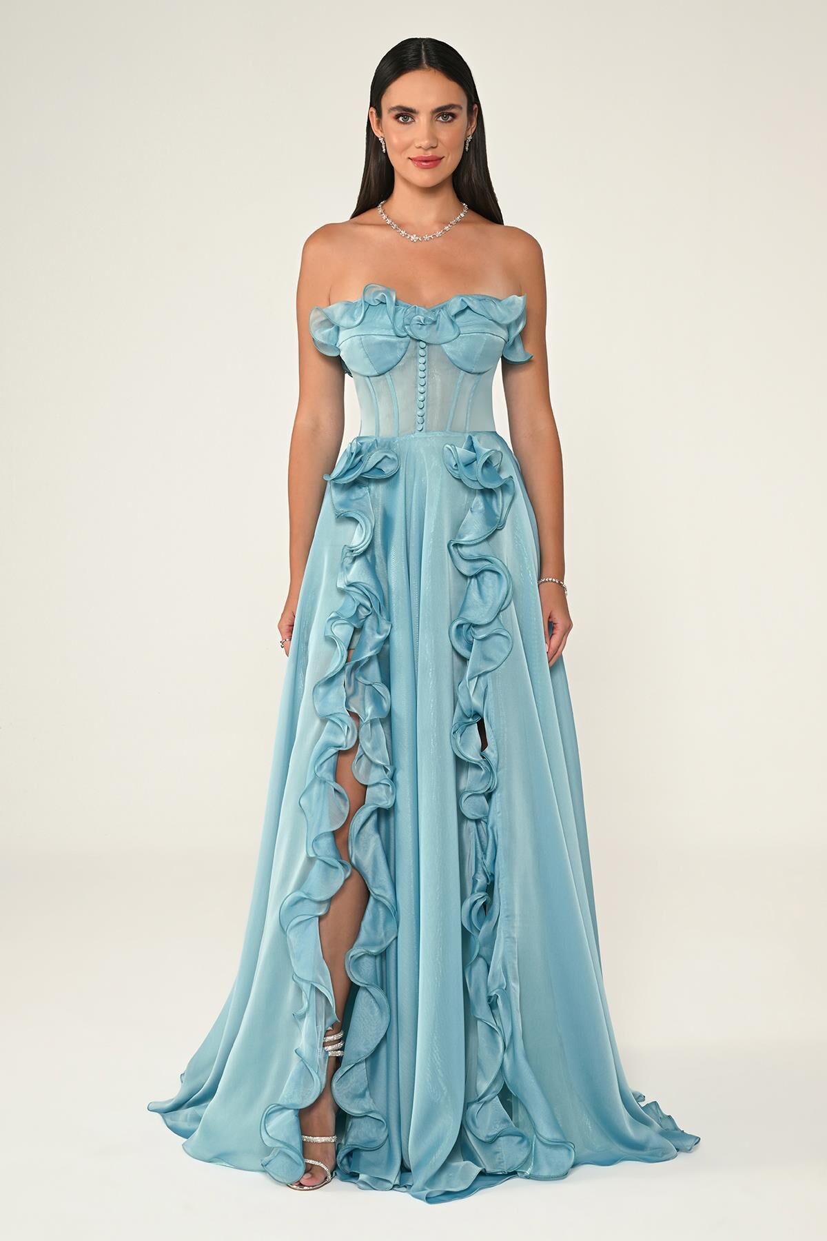 Straplez Fırfırlı Çift Yırtmaçlı Şifon Uzun Elbise AÇIK MAVİ - 42