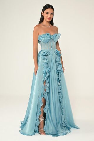 Straplez Fırfırlı Çift Yırtmaçlı Şifon Uzun Elbise AÇIK MAVİ - 42