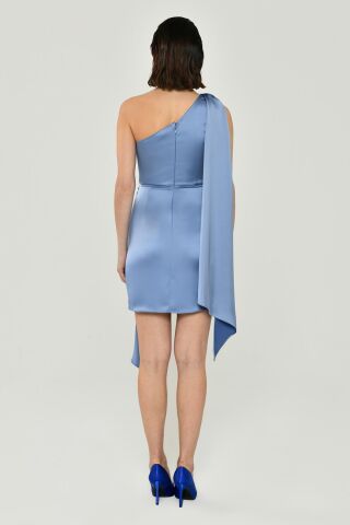 Tek Omuz Düğüm Detaylı Yırtmaçlı Saten Elbise MAVİ - 36