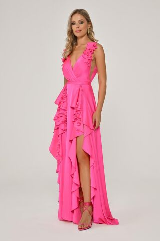 Çift Yırtmaçlı Çiçek Aksesuarlı Saten Uzun Elbise AÇIK FUŞYA - 36
