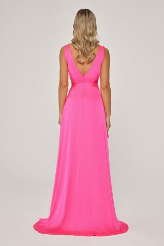 Çift Yırtmaçlı Çiçek Aksesuarlı Saten Uzun Elbise AÇIK FUŞYA - 36