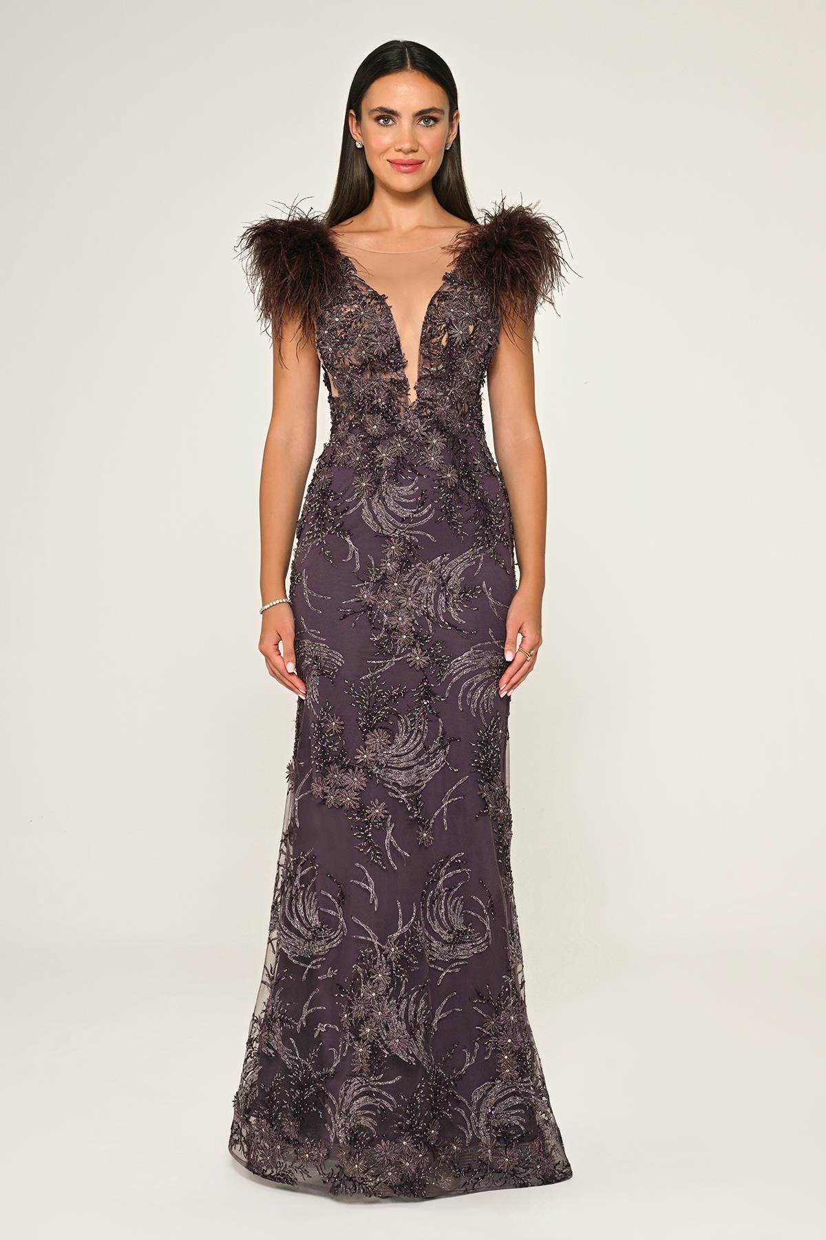 Derin V Yaka Omzu Otrişli Uzun Elbise Lila - 38