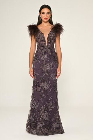 Derin V Yaka Omzu Otrişli Uzun Elbise Lila - 40