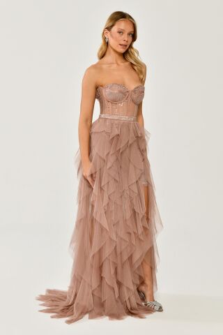 Straplez Yırtmaçlı Katlı Tül Elbise Pudra - 36