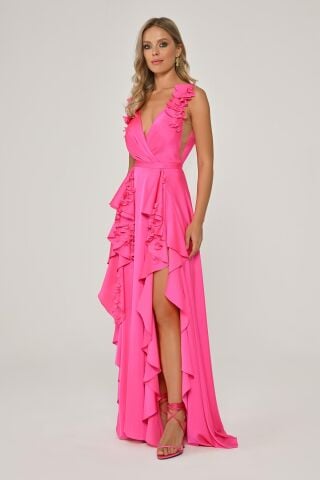 Çift Yırtmaçlı Çiçek Aksesuarlı Saten Uzun Elbise AÇIK FUŞYA - 40