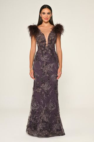 Derin V Yaka Omzu Otrişli Uzun Elbise Lila - 42