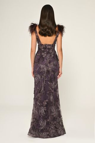 Derin V Yaka Omzu Otrişli Uzun Elbise Lila - 42