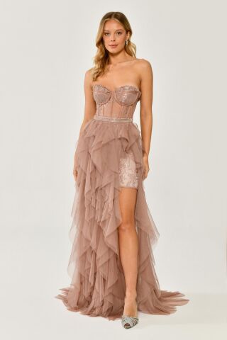 Straplez Yırtmaçlı Katlı Tül Elbise Pudra - 44