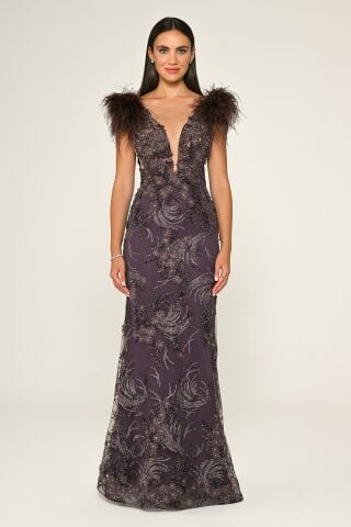 Derin V Yaka Omzu Otrişli Uzun Elbise Lila - 44