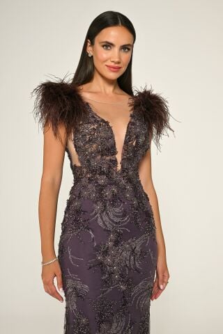 Derin V Yaka Omzu Otrişli Uzun Elbise Lila - 44