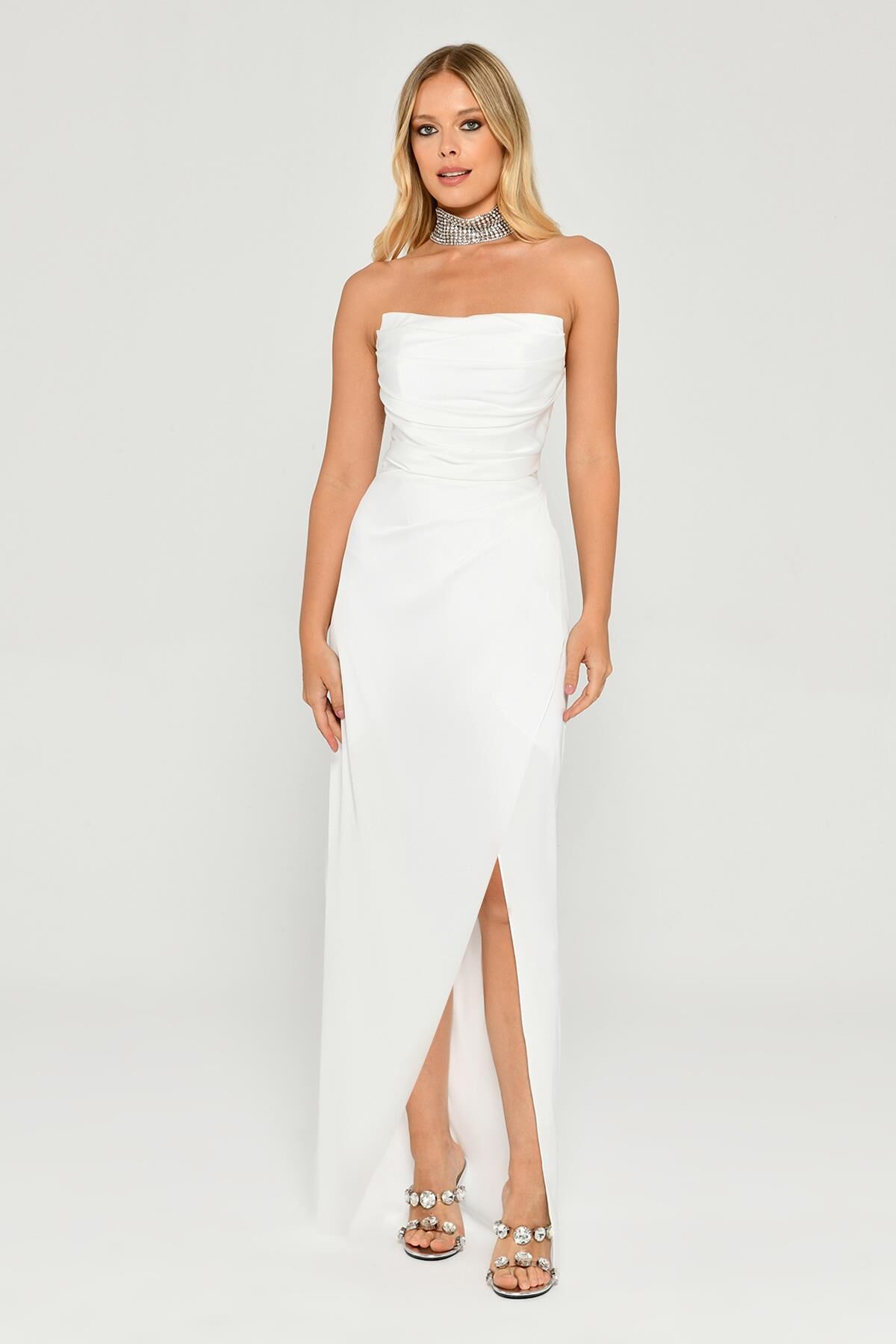 Straplez Saten Uzun Elbise Beyaz - 42