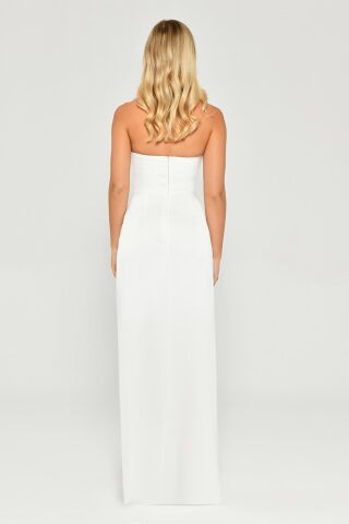 Straplez Saten Uzun Elbise Beyaz - 42