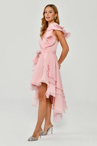 Tek Volanlı Kol Asimetrik Kesim Şifon Kısa Elbise Pudra - 38