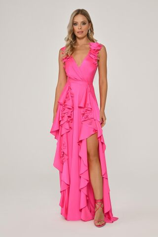 Çift Yırtmaçlı Çiçek Aksesuarlı Saten Uzun Elbise AÇIK FUŞYA - 44