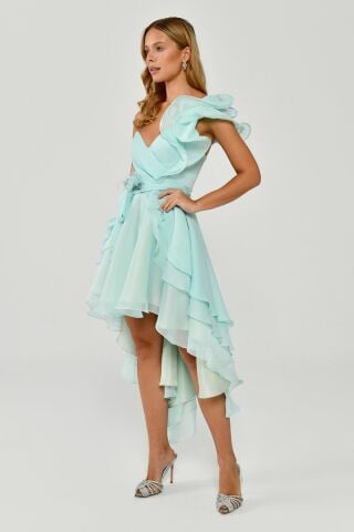 Tek Volanlı Kol Asimetrik Kesim Şifon Kısa Elbise SUYEŞİLİ - 36