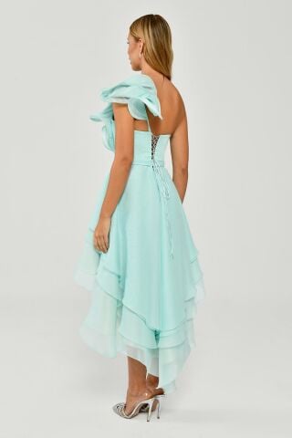 Tek Volanlı Kol Asimetrik Kesim Şifon Kısa Elbise SUYEŞİLİ - 36