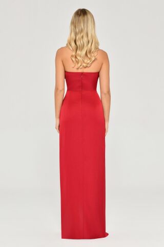 Straplez Saten Uzun Elbise Bordo - 42