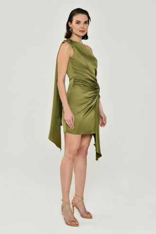 Tek Omuz Düğüm Detaylı Yırtmaçlı Saten Elbise Nefti - 42