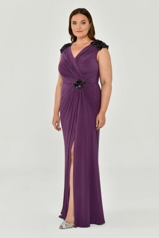 Kolsuz V Yaka Yırtmaçlı Uzun Elbise Lila - 46