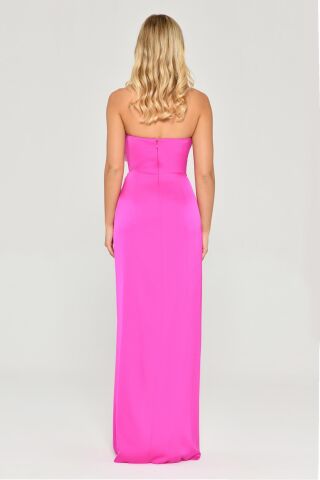 Straplez Saten Uzun Elbise Fuşya - 36