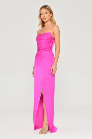 Straplez Saten Uzun Elbise Fuşya - 38