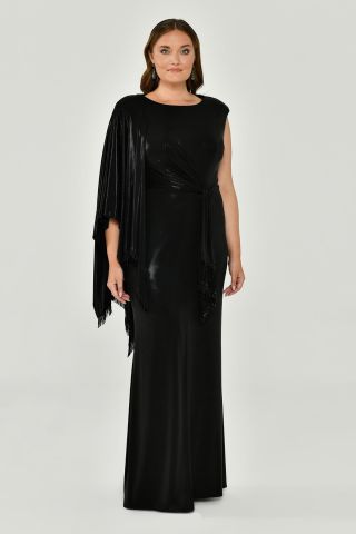 Tek Omuz Şallı Püskül Kuşaklı Parlak Kumaş Uzun Elbise Siyah - 42