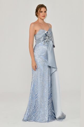 Tek Askılı Çiçek Aksesuarlı Payetli Saten Uzun Elbise AÇIK MAVİ - 42