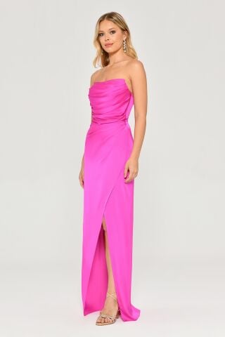 Straplez Saten Uzun Elbise Fuşya - 42