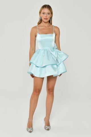 Askılı Şerit Aksesuarlı Katlı Etek Parlak Kumaş Kısa Elbise MAVİ - 40