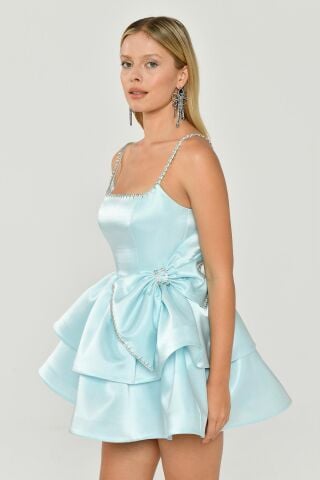 Askılı Şerit Aksesuarlı Katlı Etek Parlak Kumaş Kısa Elbise MAVİ - 40