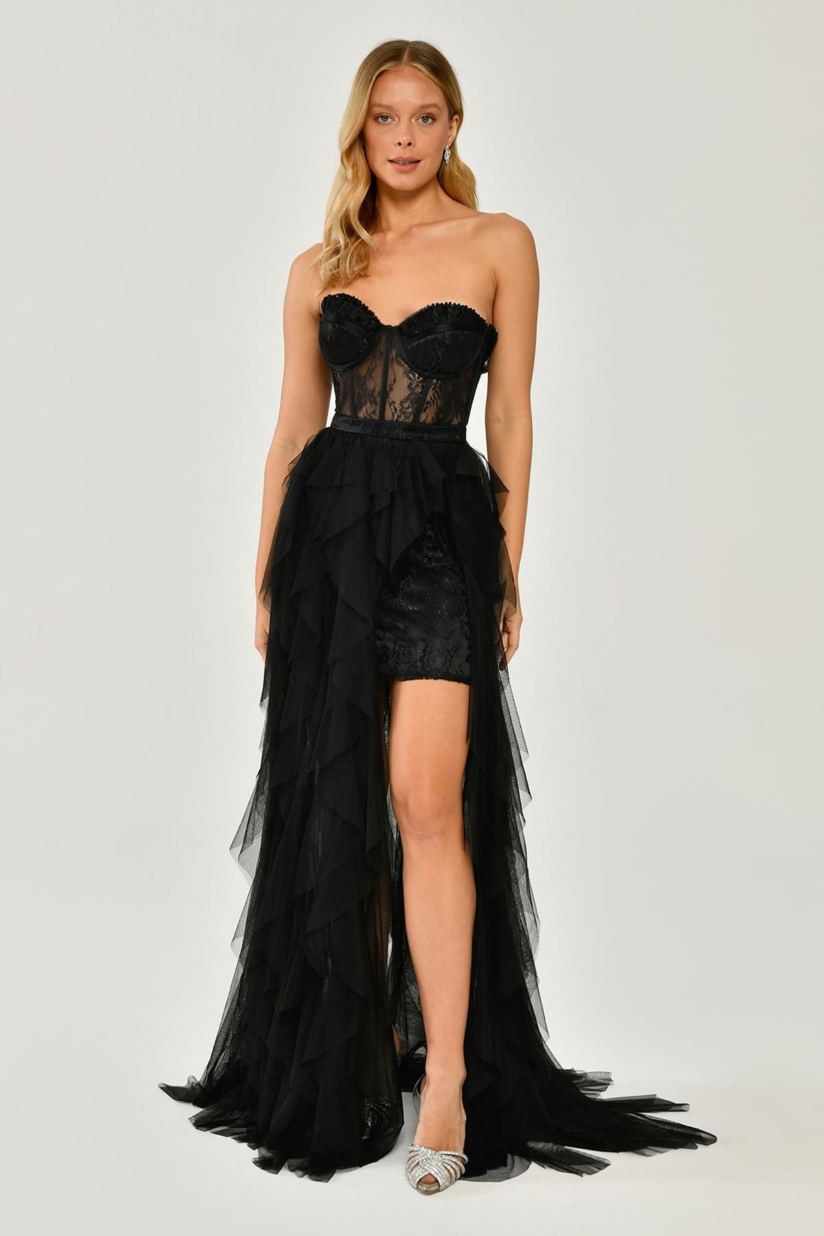 Strapless Slit Layered Tulle Dress Black - 42