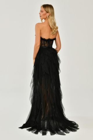 Strapless Slit Layered Tulle Dress Black - 42