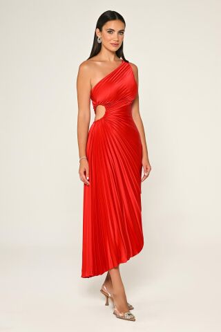 Tek Omuz Beli Pencere Detaylı Pliseli Saten Asimetrik Kesim Midi Elbise Kırmızı - 40