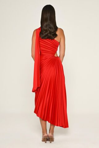 Tek Omuz Beli Pencere Detaylı Pliseli Saten Asimetrik Kesim Midi Elbise Kırmızı - 40