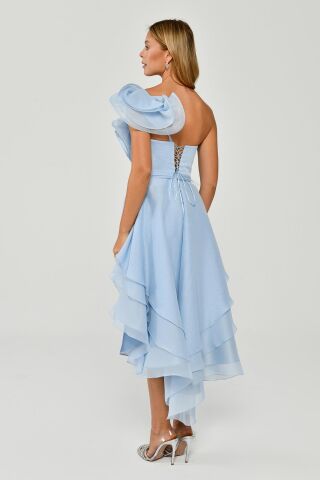 Tek Volanlı Kol Asimetrik Kesim Şifon Kısa Elbise 40 - BUZ MAVİ