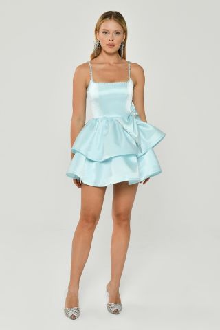 Askılı Şerit Aksesuarlı Katlı Etek Parlak Kumaş Kısa Elbise MAVİ - 42