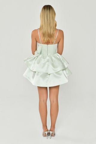 Askılı Şerit Aksesuarlı Katlı Etek Parlak Kumaş Kısa Elbise SUYEŞİLİ - 40