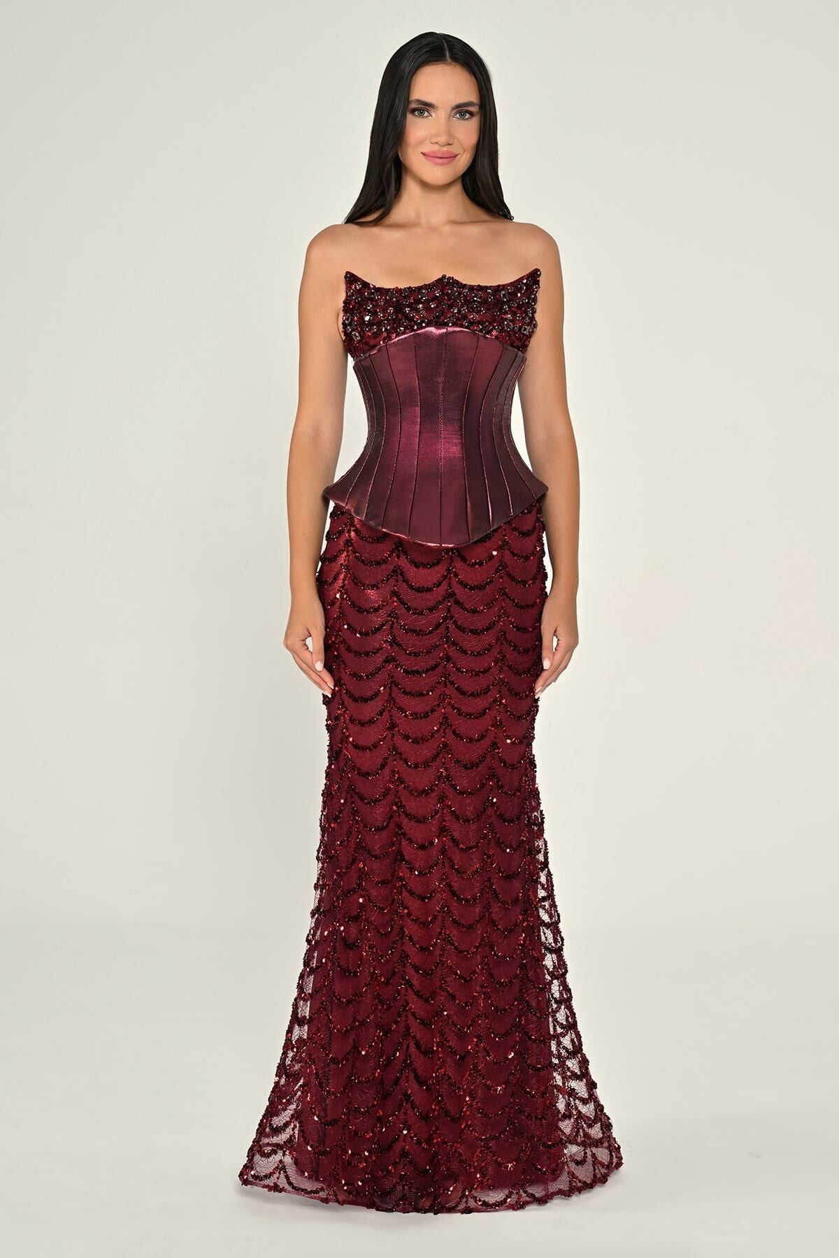 Straplez Korse Bel Payet Uzun Elbise Bordo - 42