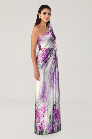 Tek Omuz Şifon Şallı Desenli Saten Uzun Elbise FUŞYA / YEŞİL - 36