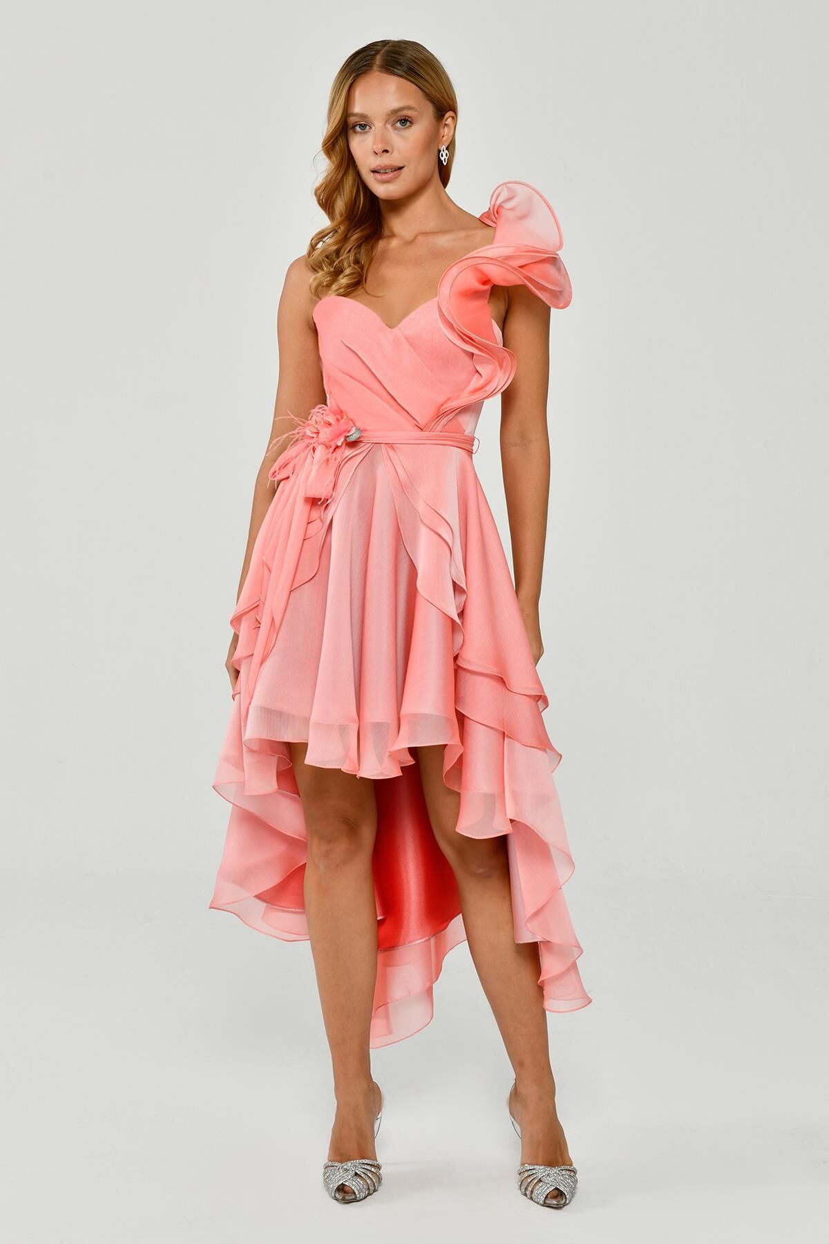 Tek Volanlı Kol Asimetrik Kesim Şifon Kısa Elbise 36 - AÇIK MERCAN