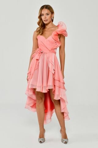 Tek Volanlı Kol Asimetrik Kesim Şifon Kısa Elbise 36 - AÇIK MERCAN