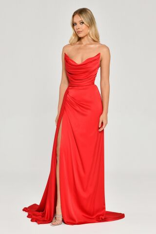 Kayık Yaka Yırtmaçlı Saten Elbise Kırmızı - 36